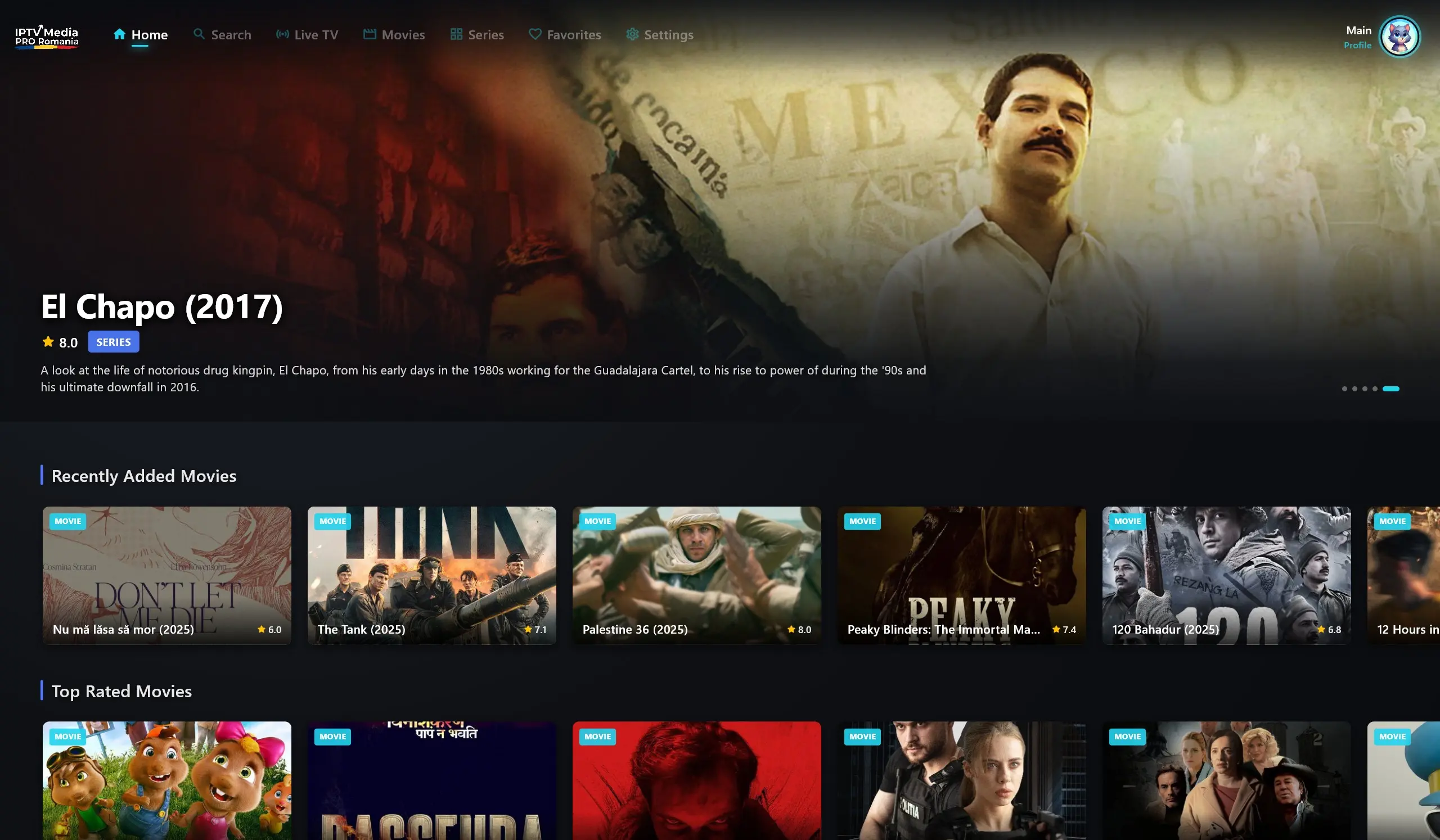 Interfața reală a aplicației IPTV MediaPro pe televizor
